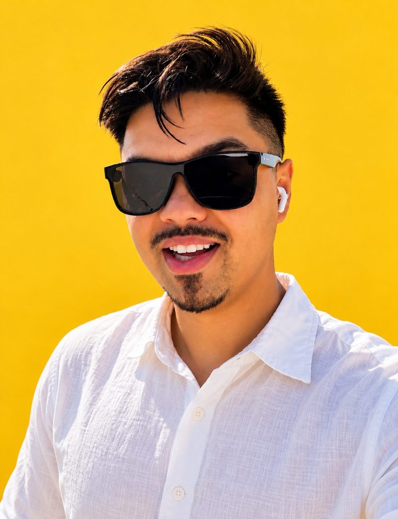 Jon, the founder of Funnelr, in sunglasses against a yellow wall